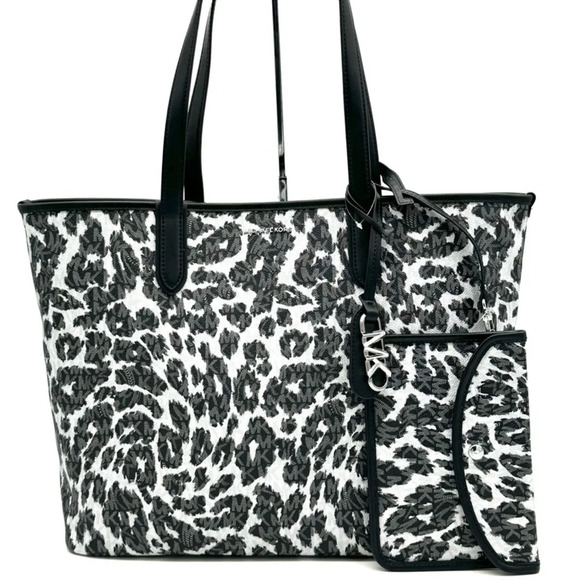 Michael Kors XL East West Tote Bag Leopard Print Black Multi - Picture 1 of 12